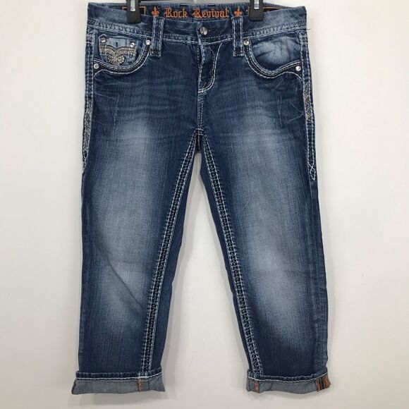 Rock Revival Betty Easy Crop Embroidered Gem Embellished Denim Capri Jeans - Picture 4 of 16